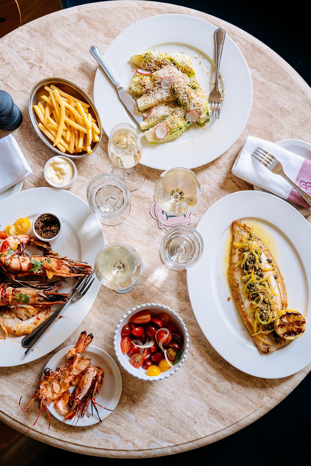 Bird's-eye view of table full of food